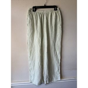 FLAX Linen Green Stripe Crop Gauze Wide Leg PullOn Pant M Resort Comfy Lagenlook